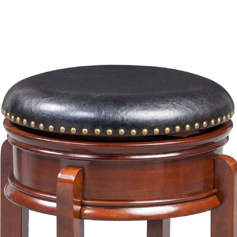 Sabi 24 inch Swivel Counter Stool, Solid Wood, Faux Leather, Brown, Black-Benzara