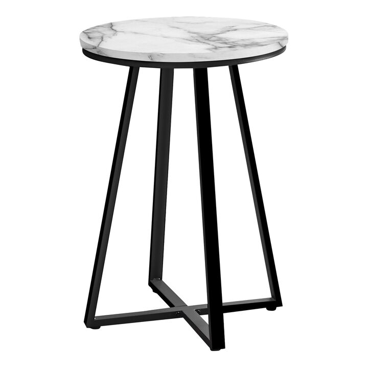 Monarch Specialties I 2178 Accent Table, Side, Round, End, Nightstand, Lamp, Living Room, Bedroom, Metal, Laminate, White Marble Look, Black, Contemporary, Modern