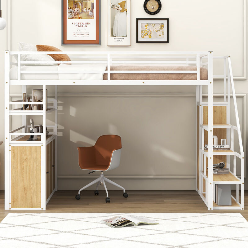 Merax Metal Loft Bed with Storage Staircase and Wardrobe