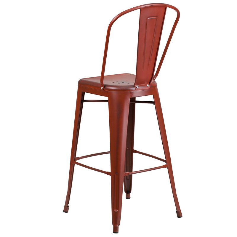 Flash Furniture Commercial Grade 30" High Distressed Kelly Red Metal Indoor-Outdoor Barstool with Back