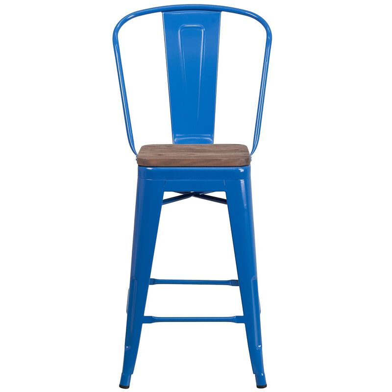 Flash Furniture Lily 24" High Blue Metal Counter Height Stool with Back and Wood Seat