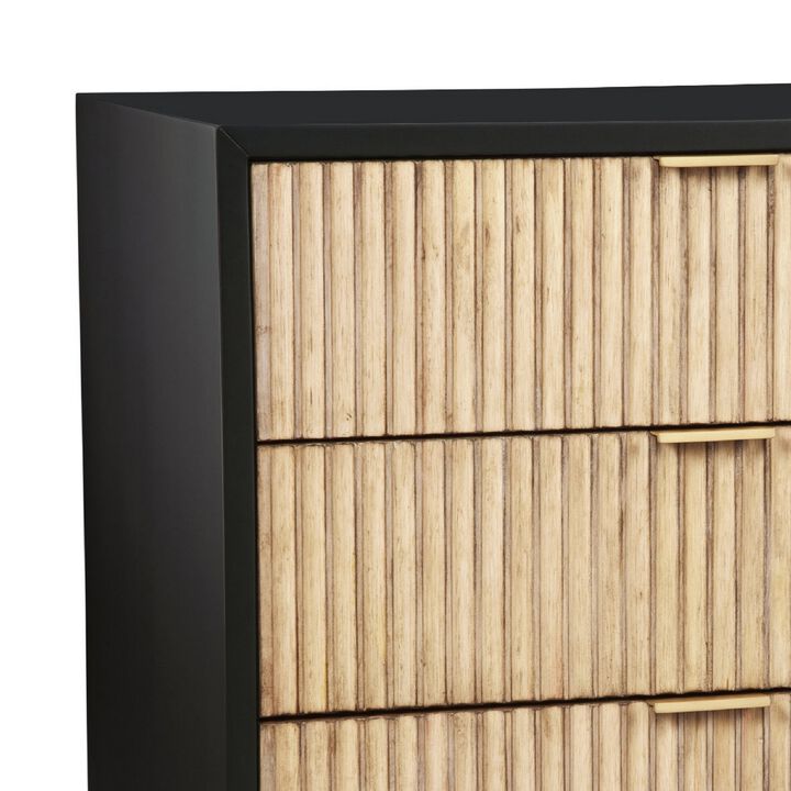 Accent Chest with 3 Corrugated Drawers and Metal Base, Black-Benzara