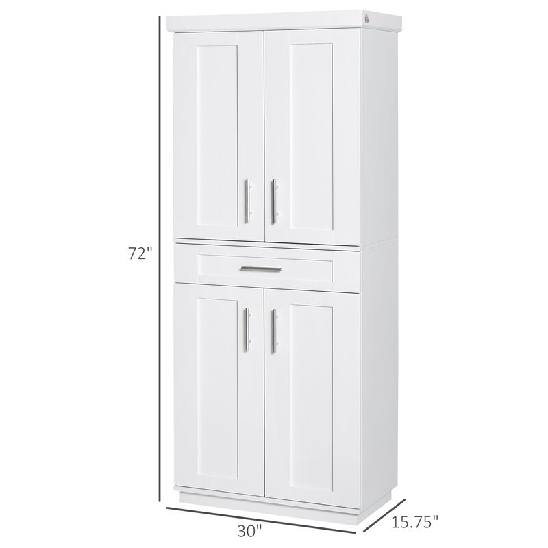 White Kitchen Storage: 4-Door Pantry Cabinet with Drawer and Shelves