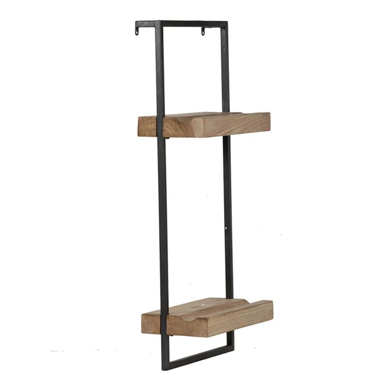 Yin 27 Inch Wall Shelf with 2 Tiers, Rectangular Black Iron, Brown Wood - Benzara