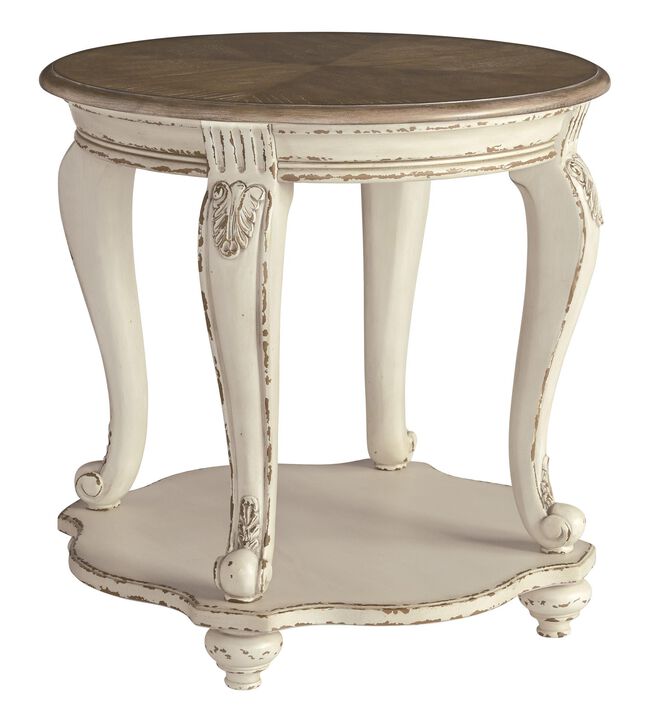 Round Wooden End Table with Open Bottom Shelf, Brown and Antique White-Benzara
