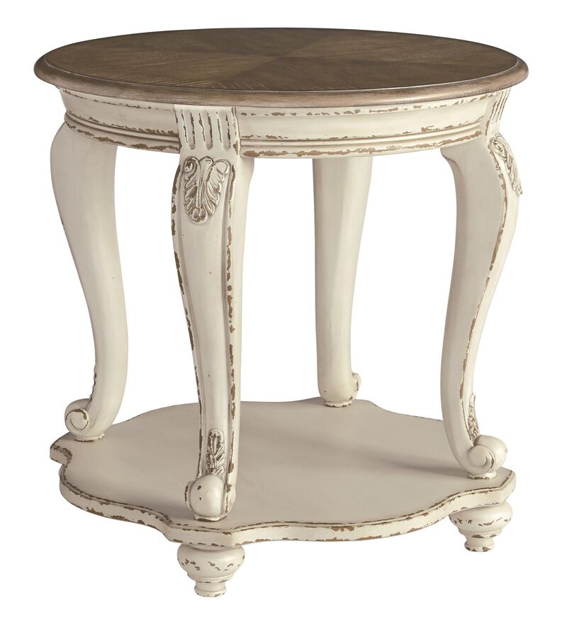 Round Wooden End Table with Open Bottom Shelf, Brown and Antique White-Benzara