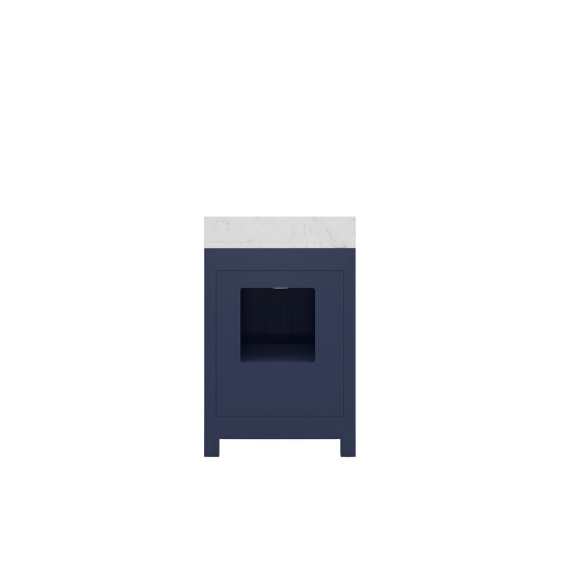 Madison 24 In. Single Sink Carrara White Marble Countertop Bath Vanity In Monarch Blue with Satin Gold Hardware