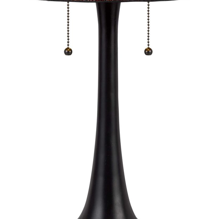 24 Inch Table Lamp, Tiffany Style Stained Glass, Pull Chain, Black Resin - Benzara