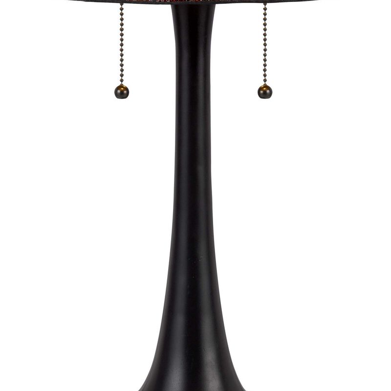 24 Inch Table Lamp, Tiffany Style Stained Glass, Pull Chain, Black Resin - Benzara