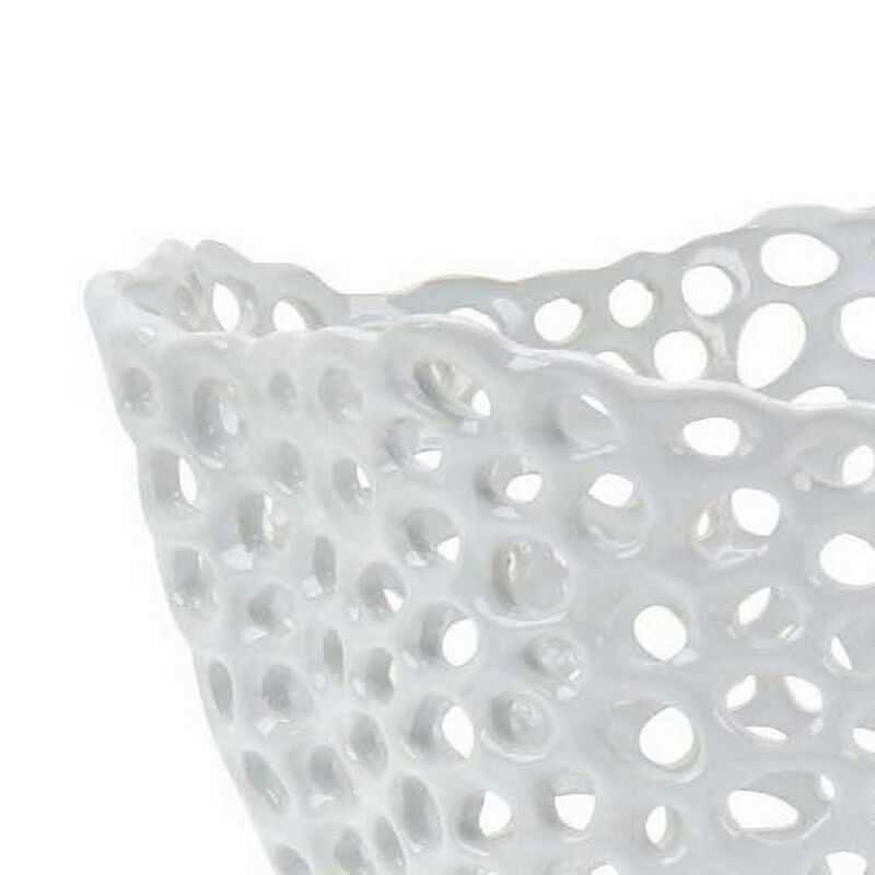 Hina 14 Inch Decorative Bowl, Mesh Design, Wavy Edges, Ceramic White Finish - Benzara