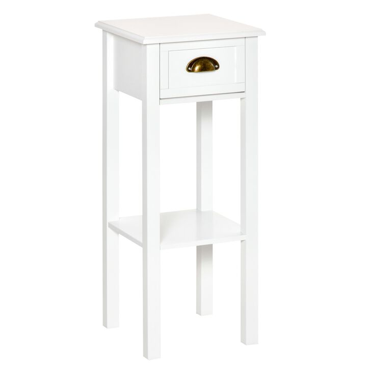 White Tall Nightstand: 2-Tier Slim Side Table with Drawer and Shelf