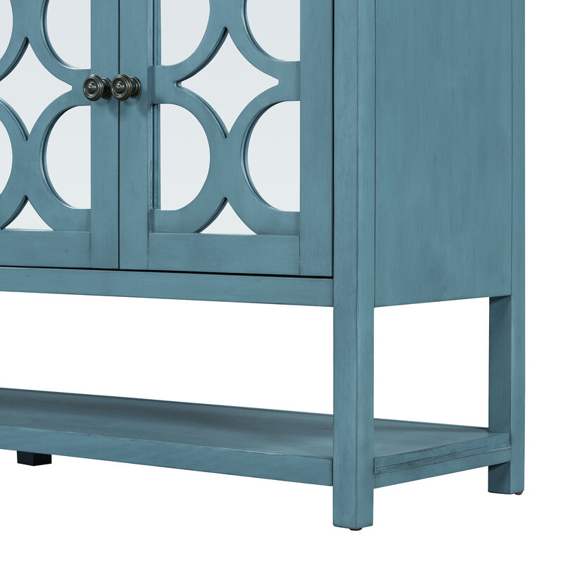 TREXM Elegant Retro Console Table/Storage Cabinet/Sideboard with Mirrored Doors, Spacious Shelves, and Durable Acacia Wood Legs - Perfect for Living Room, Dining Room, or Entryway (Antique Navy)