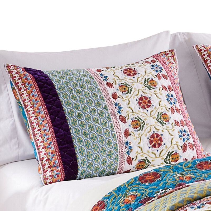 36 Inch Quilted King Pillow Sham, Cotton Fill, Medallion Print, Multicolor - Benzara
