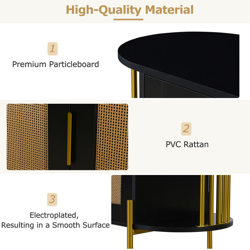 Clihome 2-Door Elegant Curved Dining Cabinet with Gold Trim and Woven Rattan Doors for Dining Room (Black)