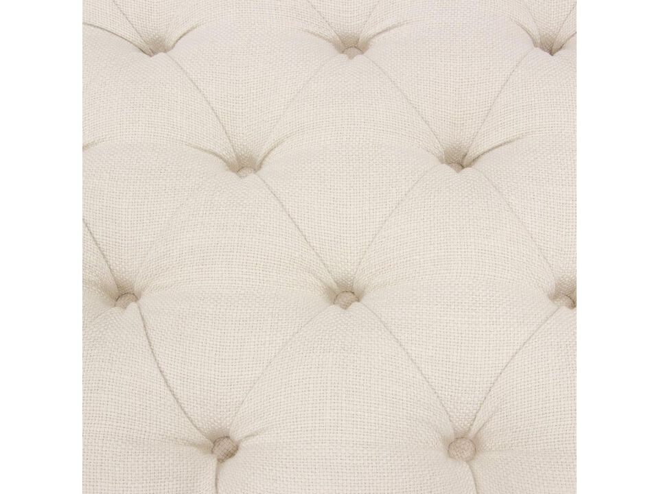 Linen Upholstered Button Tufted Bench with Open Metal Base, Large, Beige and Black - Benzara