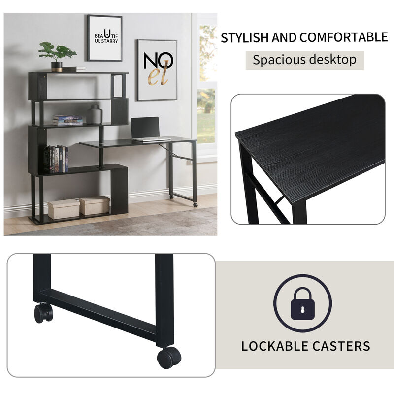 L-Shaped Desk with Rotating Table and Bookshelf