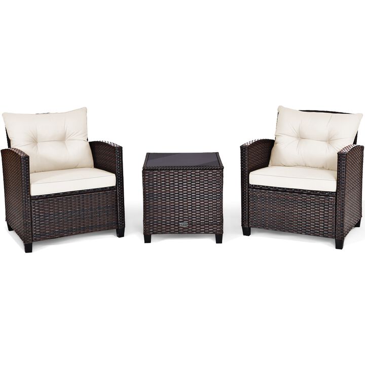 3 Pcs Patio Rattan Furniture Set Cushioned Conversation Set Coffee Table