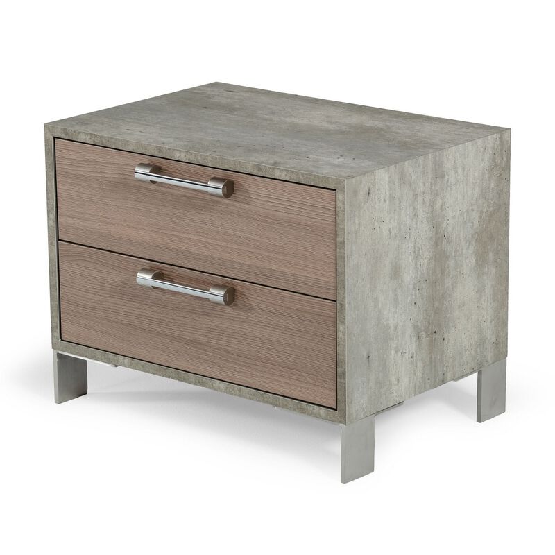 Noe Billy 26 Inch Nightstand, 2 Drawers, Gray Faux Concrete, Oak Laminate -Benzara