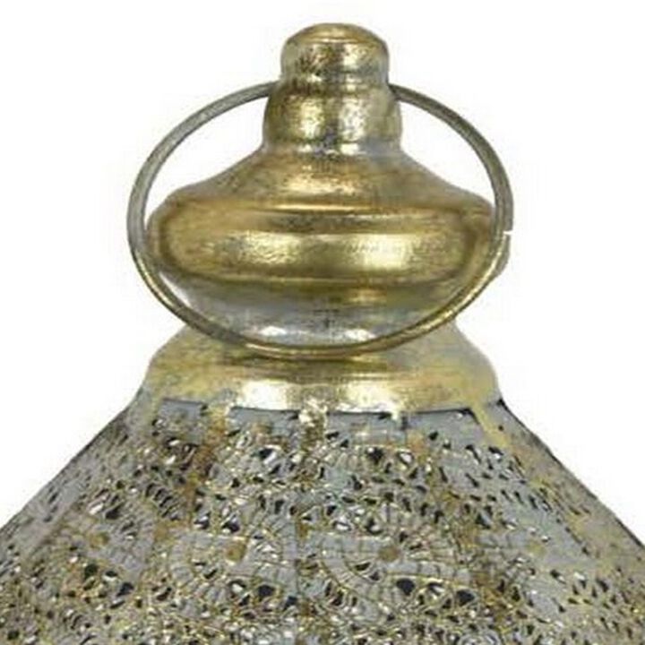 18 Inch Decorative Lantern, Embossed Design, Tear Drop Shape, Gold Metal - Benzara