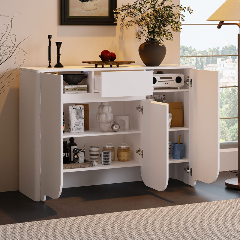 FUFU&GAGA Modern White Cabinet – 3 Doors, 1 Drawer, Arched Design, MDF Living Room Storage Cabinet (47.2" W x 13.7" D x 33.5" H), White