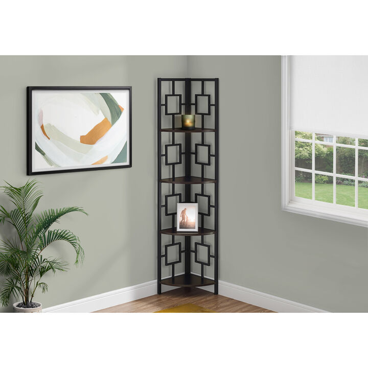 Monarch Specialties I 3612 Bookshelf, Bookcase, Etagere, Corner, 4 Tier, 62"H, Office, Bedroom, Metal, Laminate, Brown, Black, Contemporary, Modern