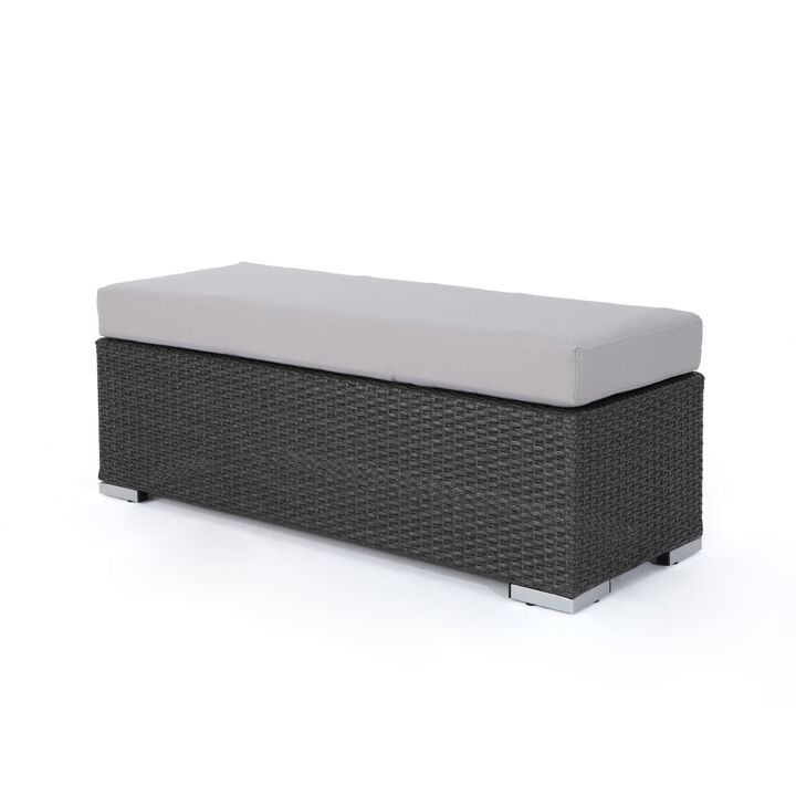 Sanie Outdoor Bench, 47 Inch, Gray Resin Wicker Weave, Silver Polyester