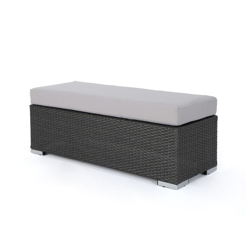Sanie Outdoor Bench, 47 Inch, Gray Resin Wicker Weave, Silver Polyester