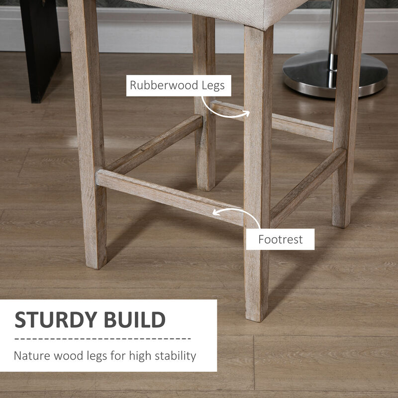 HOMCOM Modern Bar Stools, Tufted Upholstered Barstools, Pub Chairs with Back, Rubber Wood Legs for Kitchen, Dinning Room, Set of 2, Beige