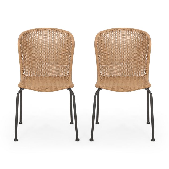 Outdoor Patio Chair Set of 2, Rattan Light Brown Wicker Weave, Scrolled