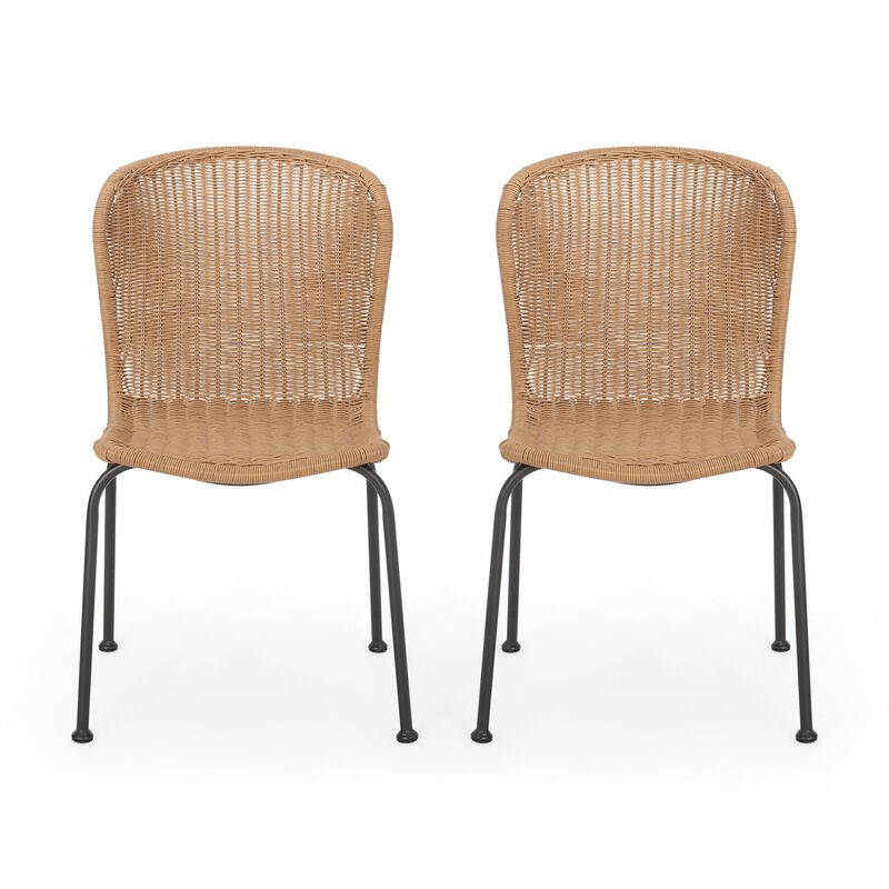 Outdoor Patio Chair Set of 2, Rattan Light Brown Wicker Weave, Scrolled