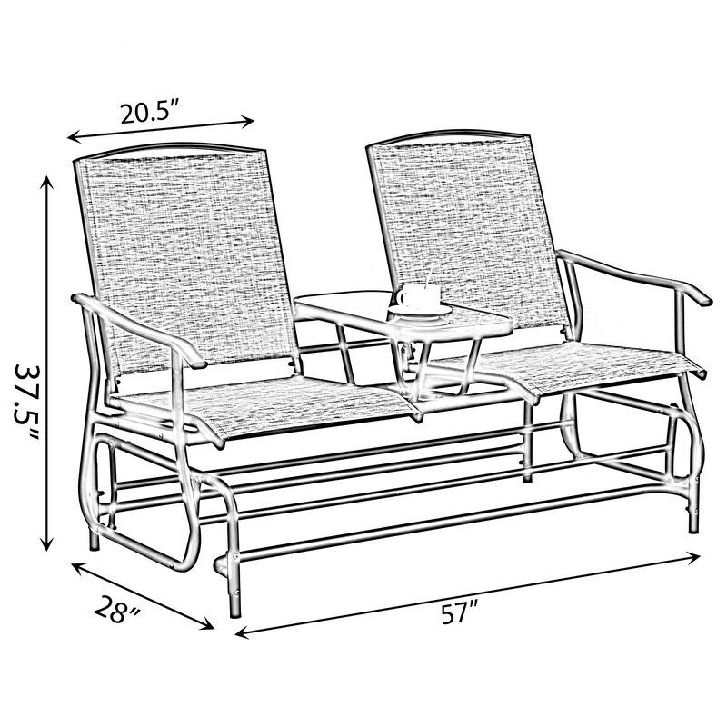 Two Person Outdoor Double Swing Glider Chair Set with Center Tempered Glass Table, Loveseat Lawn Rocker Bench