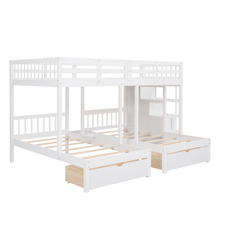 Full Over Twin & Twin Bunk Bed, Wood Triple Bunk Bed With Drawers And Guardrails