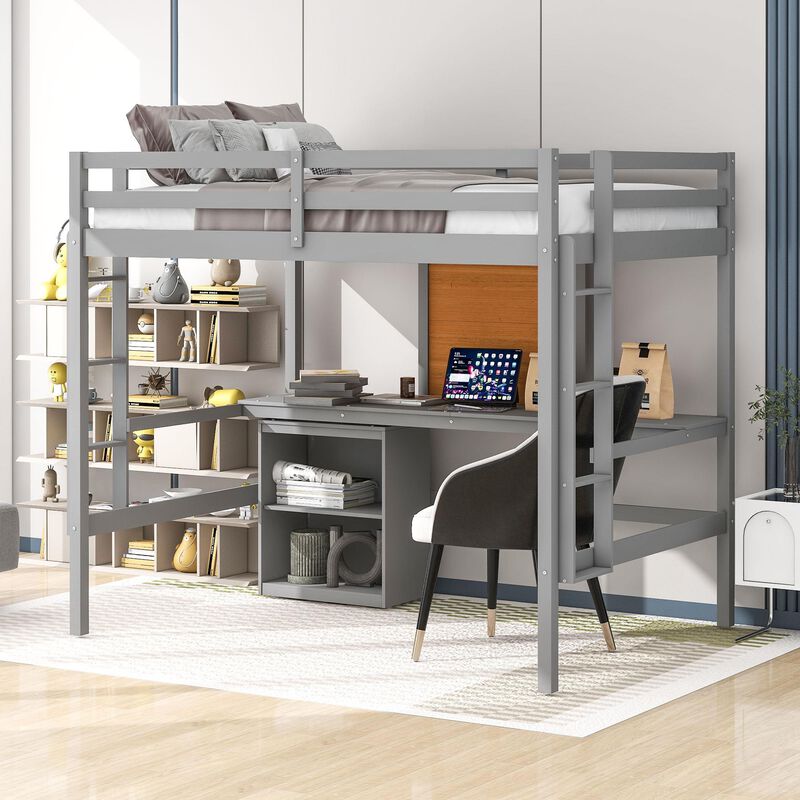 Loft Bed with Desk and Writing Board, Wooden Bed with 2-Drawer Cabinet for Storage