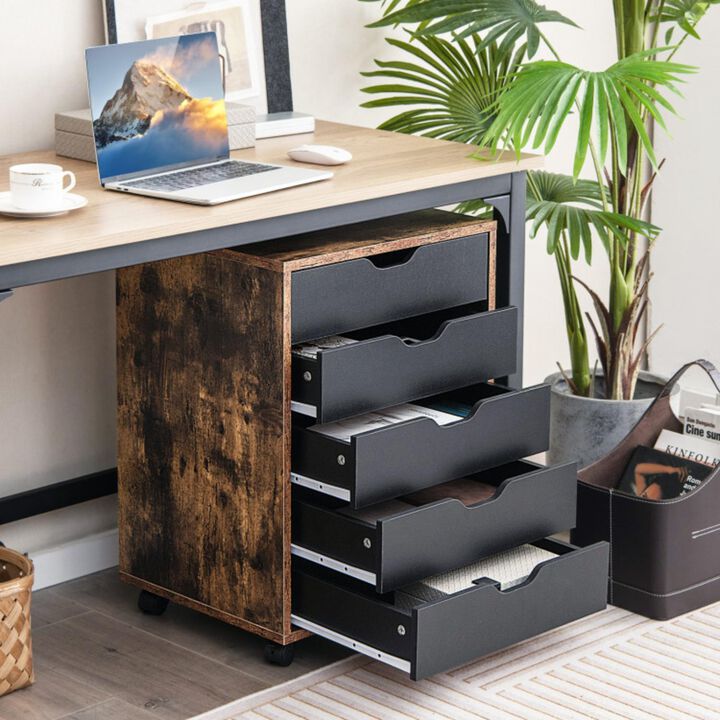 Hivvago 5 Drawer Mobile Lateral Filing Storage Home Office Floor Cabinet with Wheels-Rustic Brown