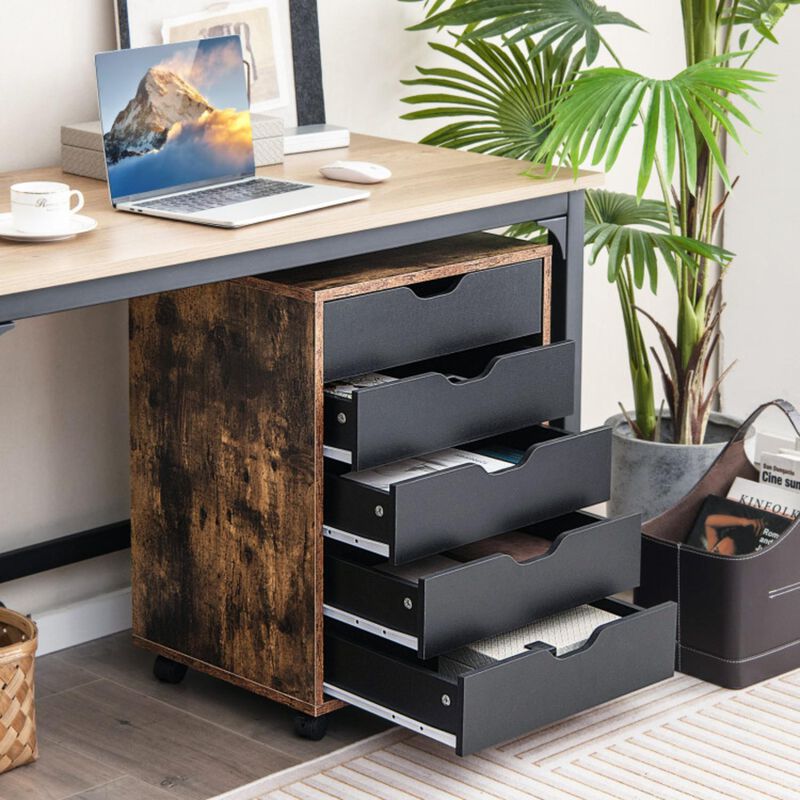 Hivvago 5 Drawer Mobile Lateral Filing Storage Home Office Floor Cabinet with Wheels-Rustic Brown