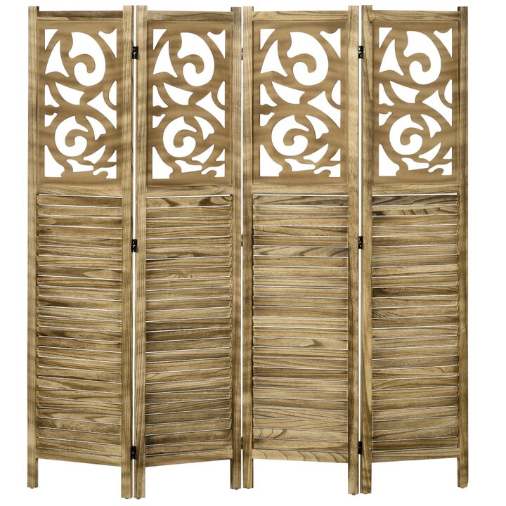 Brown Room Separator: 4-Panel Wooden Privacy Screen for Home Office