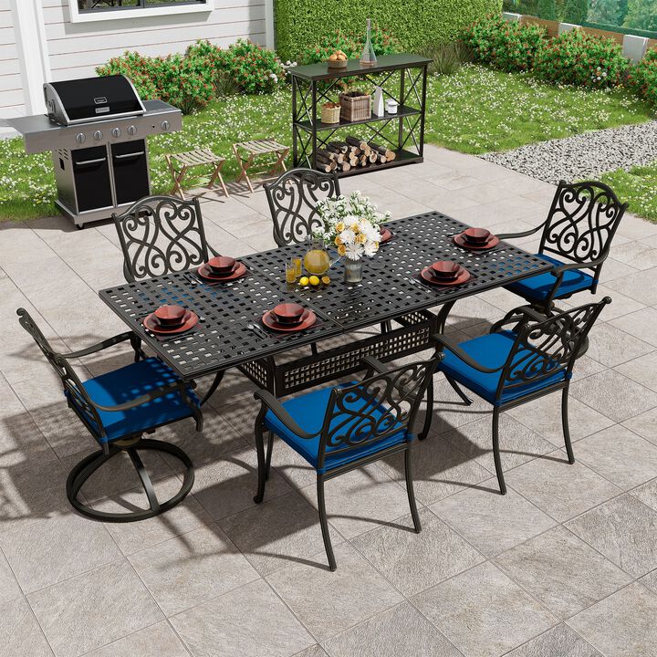 Mondawe 7-Piece Cast Aluminum Outdoor Dining Set with 1 Rectangle Extendable Table 4 Dining Chairs 2 Swivel Rockers with Cushion