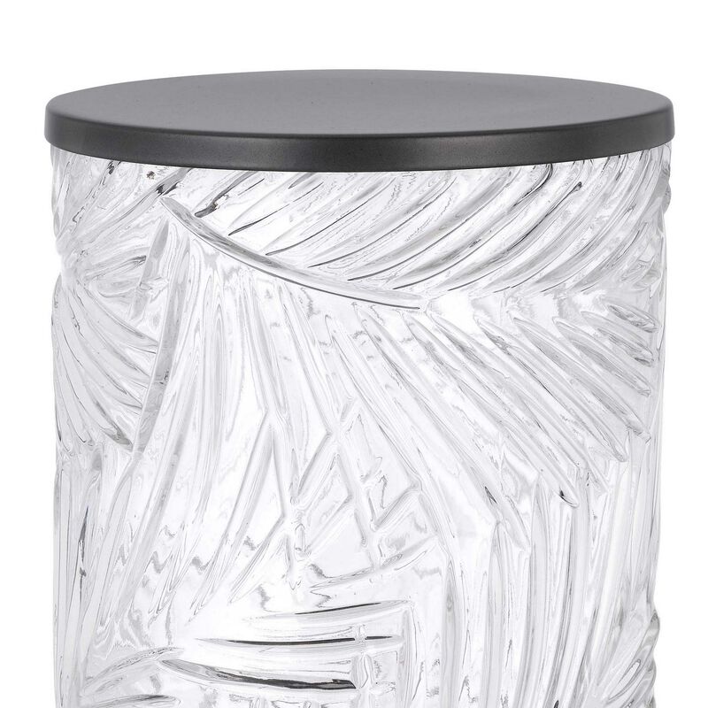 Hem 9 Inch Accent Lamp, LED, Leaf Pattern Glass Shade, Gray Metal Finish - Benzara