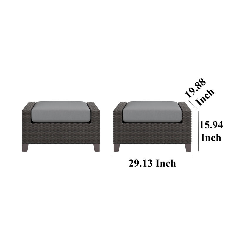 Kyl Outdoor Ottoman Set of 2, 29 Inch Gray Cushioned Top w Woven Frame - Benzara