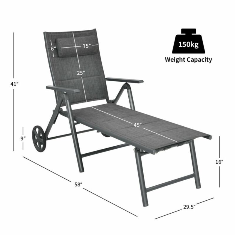 Hivvago Patio Reclining Chaise Lounge with Adjust Neck Pillow-Gray