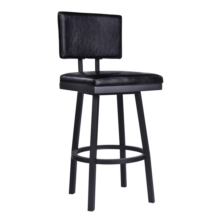 Balboa  Counter Height Swivel Vintage Black Faux Leather and Metal Bar Stool with Arms