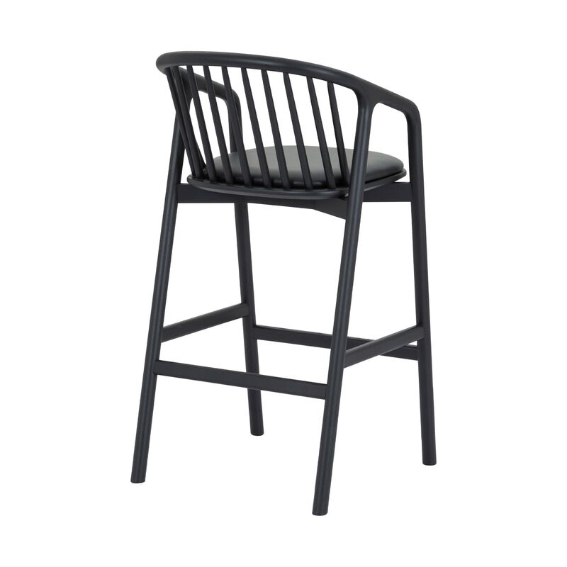 Rchy Counter Stool Chair, Curved Spindle Back, Black Faux Leather, Oak Wood - Benzara