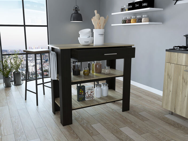 Streamdale Rockaway 1-Drawer 2-Shelf Kitchen Island Black Wengue And Light Oak