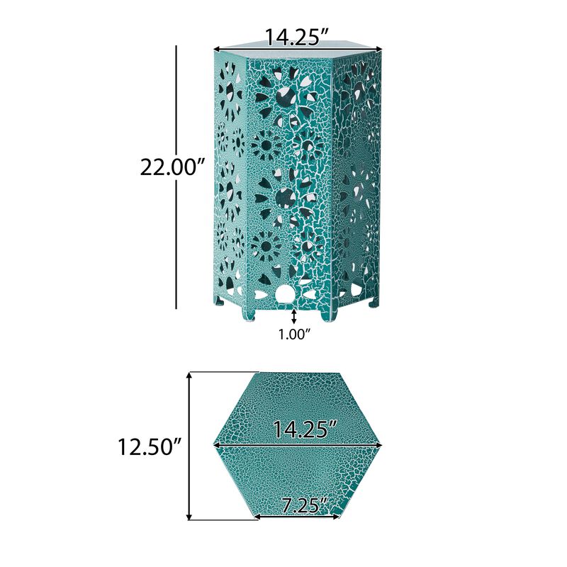 Liana Outdoor Side Table, Hexagonal 14 Inch, Sunburst Cut Out, Teal - Benzara