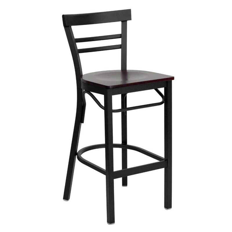 Flash Furniture HERCULES Series Black Two-Slat Ladder Back Metal Restaurant Barstool - Mahogany Wood Seat