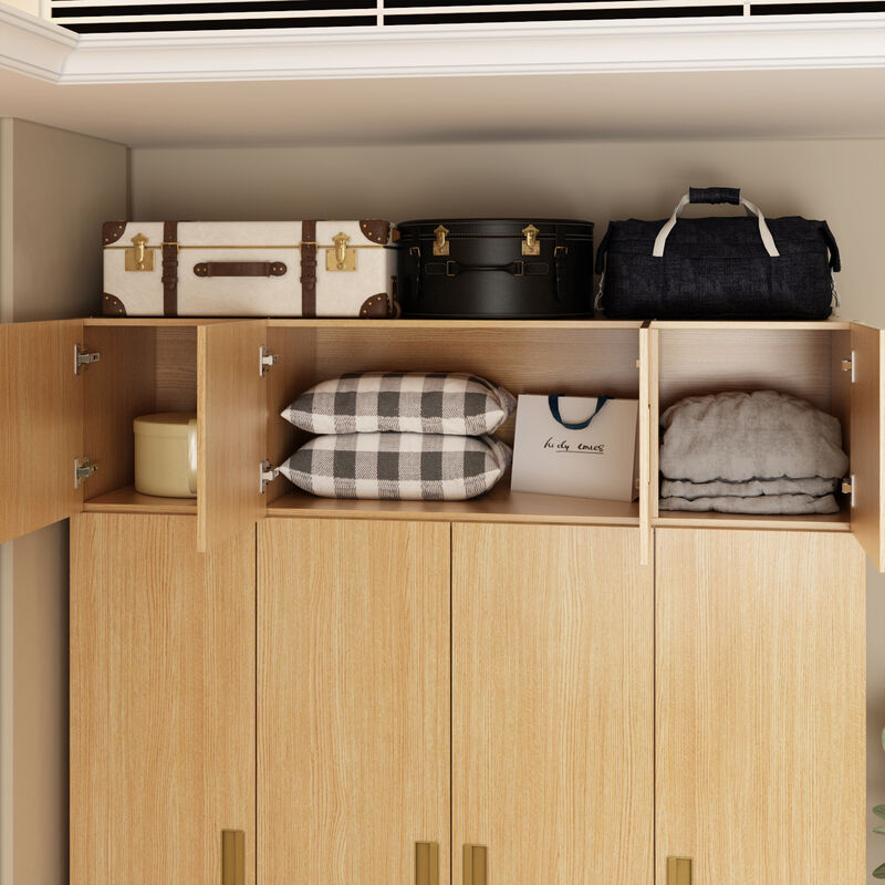 FUFU&GAGA Natural Wood 4-Door Wardrobe, MDF & Rubberwood Construction (63" W x 66.9" H x 18.1" D), Natural Wood Finish