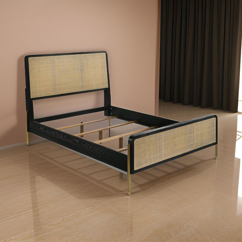 Fij Queen Size Bed, Natural Rattan Woven Panel Headboard, Gold Legs, Black - Benzara