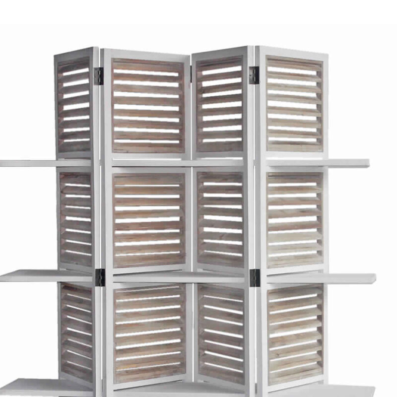 Contemporary 4 Panel Wooden Screen with Art Styled Shutter Design, White - Benzara