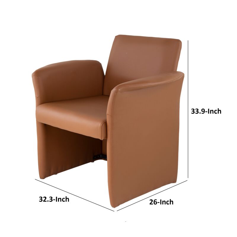 32 Inch Accent Chair, Curved, Extended Back, Caramel Brown Faux Leather - Benzara