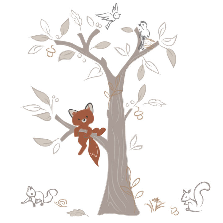 Lambs & Ivy Treetop Fox Beige Tree w/ Woodland Animals Wall Decals/Stickers